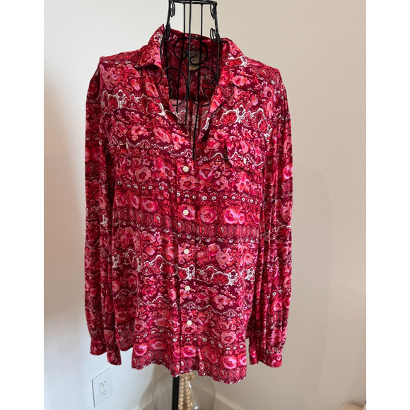 Lucky Brand Magenta Red & Pink Floral Print Button Down Collared Blouse Medium - Picture 1 of 8
